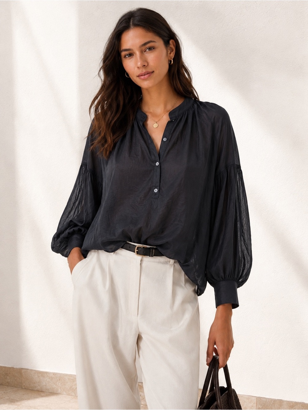 Banana Republic Black Balloon-Sleeve Henley Top